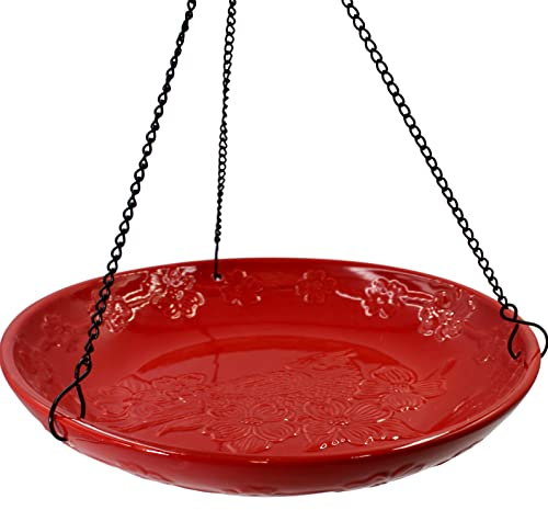 Backyard Essentials Rote Keramik hängende Vogeltränke, schwarze Metallkette Aufhänger, Kardinal Vogeltränke