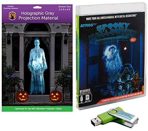 AtmosFX® Spooky Halloween Hollusion Digital Decoration Kit Includes 8 AtmosFX® Video Effects for Halloween Plus 5.5' x 9' Holographic Projection Screen