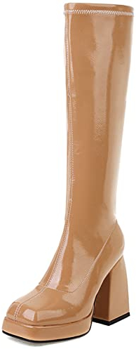 MJIASIAWA Donna Vestito Tacco Chunky Vernice Stivali Stretch Senza Chiusura Square Toe Moda Festa Knee Stivali Equitazione Plateau Apricot Numero 35 Eu