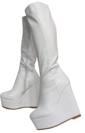 Frankie Hsu Fashion Designer Moderno Sexy Donne Uomini Grandi Dimensioni Bianco Zeppa Piattaforma Tacchi Al Ginocchio Alto Tacco Largo Vitello Alti Stivali Lunghi Per Le Donne US4-19, bianco, 35 EU