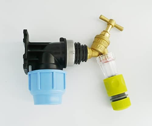 MDPE Compression Wall Plate Elbow (32mm) with 1/2 Brass Bib Tap & Fine Gauze Filter + Snap On Hose Connector