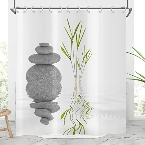 Hnmdmyi Rideau de Douche Pierre Zen 180x180, Spa Japonais Herbe Sauvage Reflet Dans l'Eau Méditation Design, Baignoire Imperméable Tissu Polyester Lavable