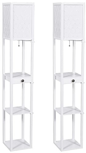 BYSL 2X Floor Lamp with Shelves, 3 Layers Wooden Shelf Tall with Remote Control Modern Standing,UK Plug