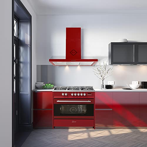 GURARI Cuisinière Set GCH E 911 R + GCH F 461 RD 9, Gazinière électrique 90 cm, Range Coocker, 121L, gaz naturel/propane/gaz naturel+hotte aspirante 90 cm, rouge, 1000m³/h, hotte murale
