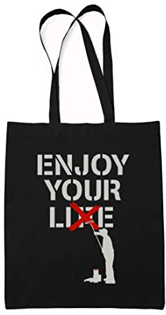 Maikomanija Enjoy Your Lie Life Banksy Street Art umweltfreundliche wiederverwendbare Baumwoll-Leinen-Schultertasche, Schwarz , Einheitsgröße