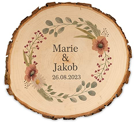 Personalisierte Baumscheibe mit Rinde | Hochzeitsgeschenk für das Brautpaar | Mohnblumen | Geschenkidee zum Hochzeitstag | Holzscheibe | Geschenk Hochzeit Boho | Mittel (18-20cm)