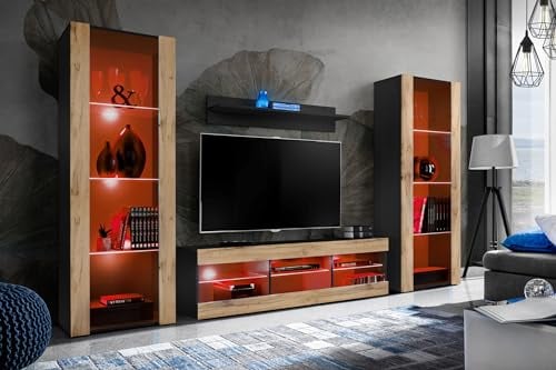 Komodee Wohnwand Wohnzimmerset Tivoli Grande, Wotan/Schwarz, Breite 250cm x Höhe 159cm x Tiefe 35cm, LED RGB, für Wohnzimmer, Schlafzimmer