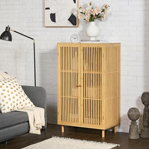 [en.casa] Kommode Grong Beistellschrank mit 2 Türen Bambus Aufbewahrungsschrank mit 3 Ablagen Wohnzimmer Mehrzweckschrank