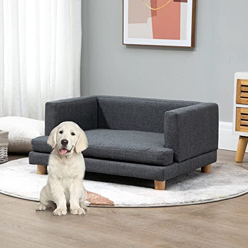 Rainbow Tree Dog Sofa Bed Grey for Medium&Small Dogs, Elevated Dog Couch with Removable and Washable Cover, Linen Pet Sofa Chair with Wooden Legs (Grey)