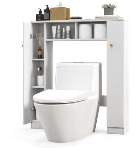 GOPLUS Toiletteschrank, freistehender Toilettenregal mit doppelter Tür, 2 offenen Fächern und 4 verstellbaren Regalen, platzsparender Badezimmerorganisator, 87,5 x 18 x 98 cm (Weiß)