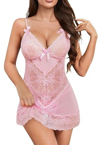 Rayson Lingerie da Donna Pizzo Babydoll Mini Abito Set Sexy in Maglia Chemise con Scollo a V Abito da Notte Completi Intimi da Donna Trasparente Pigiama Mesh Includere i Perizoma