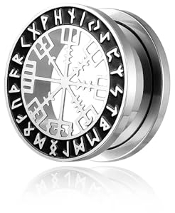 BlackAmazement 316L Edelstahl Flesh Ohr Tunnel Plug Piercing Vegvisir Aegishjalmur Aegishjalmr Wikinger Symbol Schreckenshelm Runen Kreis schwarz silber Biker Herren (Farbe Silber - Ø 08mm - 1 Stück)