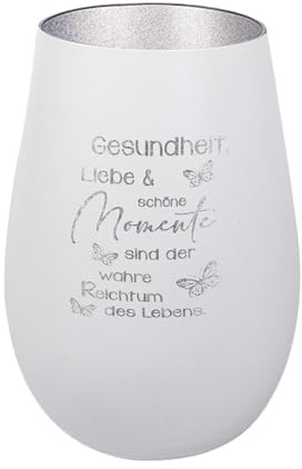 Der-Porzellan-Laden Windlicht mit Gravur Gesundheit Liebe schöne Momente, Weiß Silber, Teelichthalter aus Glas mit Spruch, Tischdeko modern