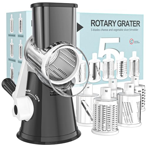 Cambom Rotary Cheese Grater Hand Crank Cheese Shredder for Fresh Cheese, Vegetable, Nuts,Non-slip Suction Base, Five Blades, Black
