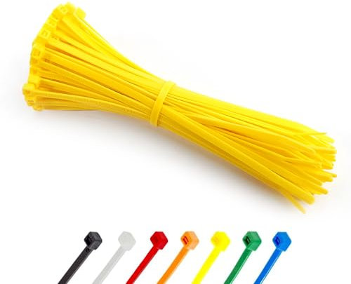 Yellow Cable Ties 200mm (8), 4.8mm | Pack of 100 | Strong High Visibility Nylon Zip Ties, Self-Locking | Temporary Heavy Installations & Testing - Abacus Range