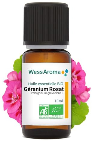 Huile Essentielle BIO de Géranium Rosat 10ML - Certifiée AB - 100% Pure & Naturelle, Chémotypée HEBBD - Pratiques agricoles durables - Analysée et conditionnée en France