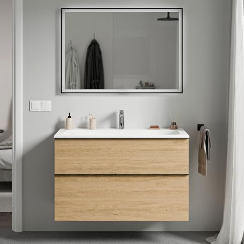 Bernstein Badmöbel-Set Lavoa, Waschtisch-Unterschrank mit Waschbecken 100cm in Eiche - Cream - Weiß matt mit Hahnloch - 2 Schubladen, Griffe in Chrom, vormontiert, 5 Jahre Garantie