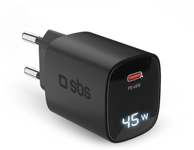 SBS Alimentatore LCD 45W USB-C, Tecnologia GaN, Power Delivery (PD), Ricarica Rapida, Caricabatterie USB C con Display LCD, Caricatore per iPhone, Samsung, Notebook, Nero