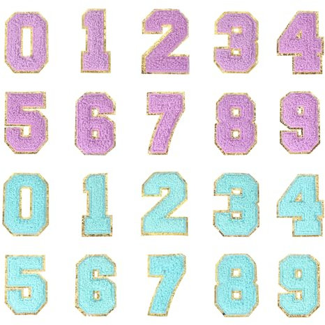 PATIKIL Chenille Number Patches, 20 Pcs Iron on Number Patch Number Embroidered Patch Glitter Applique for Hat Jacket Clothing Bags DIY Decoration Backpack, Number 0-9 Purple Blue