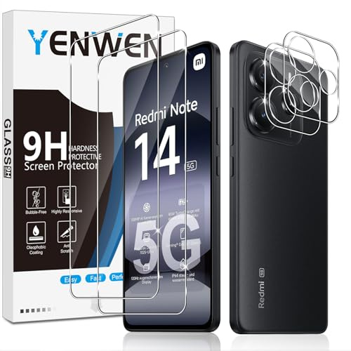 Yenwen Protector de Pantalla para Xiaomi Mi Redmi Note 14 5G, 2 Piezas Cristal Templado con 2 Piezas Protector de Lente de Cámara, 9H Dureza Ultra Resistente Vidrio Templado