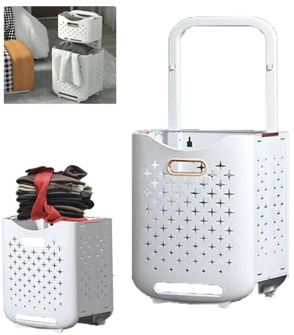 Hooha Faltbarer Wäschekorb Auf Rollen 2 Fächer Wäschekorb Plastik 77 Liter Wäschewagen für Schmutzwäsche/Spielzeug/Reinigungsmittel Aufbewahrung 34.5cm X 26cm X 75cm Storage Basket 2er Set