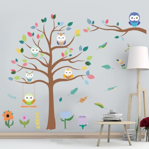 ANATTASOUL Bunte Blätter und Eule Wandtattoo, Wandaufkleber Wandsticker Wanddeko Selbstklebend für Wohnzimmer, Schlafzimmer, Flur, Badezimmer, Küche, Wanddeko(3pcx96x30cm)