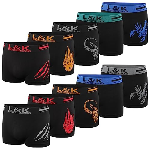 L&K 10 Pack Boxer Uomo Pantaloncini Intimo Microfibra Retro Pantaloncini Colore Nero con Motivi 1213 BL 3XL/4XL