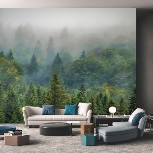 Générique Papier Peint 3D Soie Nature Paysage, Forêt Brume Arbre Jungle Murales Panoramique 250x175 cm, Fond d'Écran, Revêtement Mural Décoration Salon
