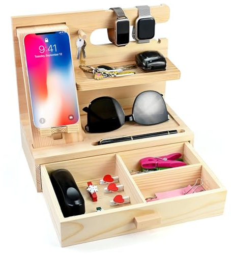 ELLECILA Wooden Bedside Organiser for Men Perfect, Desk Organizer, and Nightstand Dock for Keys, Wallet, Phone, Glasses, and More Dad Birthday Nightstand Purse Father Graduation Male Idea