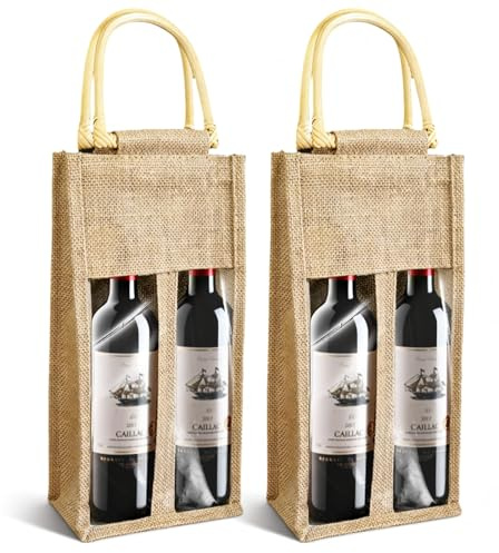 2 Stück Jute-Weinflaschentaschen, Flaschenbeutel, Jute-Weinbeutel Geschenktüten Weinflaschentasche mit Fenster, für Hochzeit, Weihnachten, Party, Festival (Doppel-Flasche)