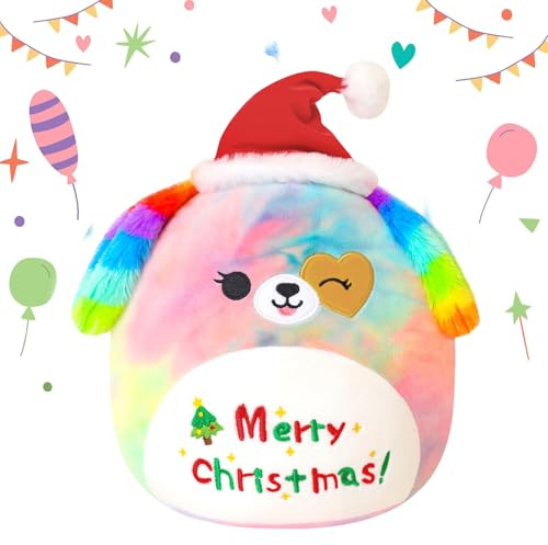 SQEQE Merry Christmas Stuffed Animal 10 Xmas Rainbow Dog Soft Toys Cute Plush Pillow Plushies for Kid Girl Boy 25CM