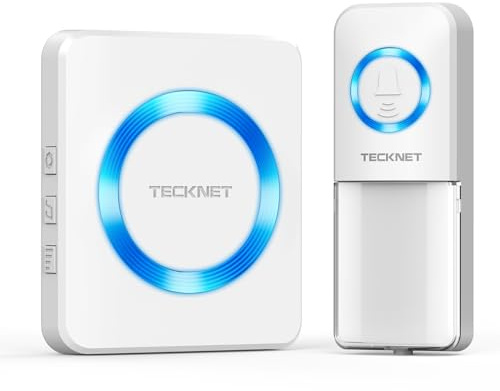 TECKNET Wireless Doorbell, IP65 Waterproof Plug-in Doorbell,White | Battery Operated Push Button, Door Bells Wireless Cordless Door Chime Kit, up to 400m Long Range,60 Chimes and Blue LED Flash
