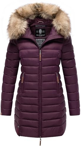 MARIKOO Damen Wintermantel warmer Steppmantel lang mit Kapuze und abnehmbarem Kunstfell-Kragen Rose Aubergine Gr. XL