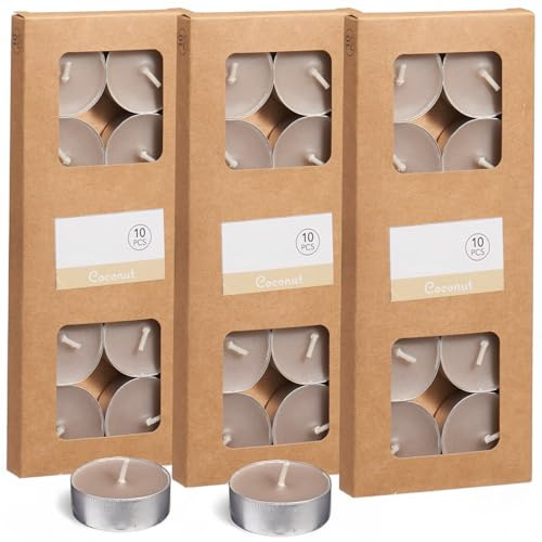 MIJOMA Farbige Teelichter 30 Stück – Set mit 3 Packungen – je 4h Brenndauer – Dekokerzen im Kraftkarton – Stimmungslicht für Zuhause & Events (Sand)