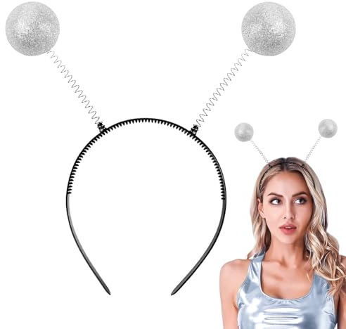 Alien Haarreif Silber, Space Girl Haarreif, Haarreifen Galaxy, mit 2 Schwingenden Glitzer-Kugeln, Karneval Kopfschmuck Stirnband, für Karneval Fasching Halloween Discokugel Party Kostüm Accessoires