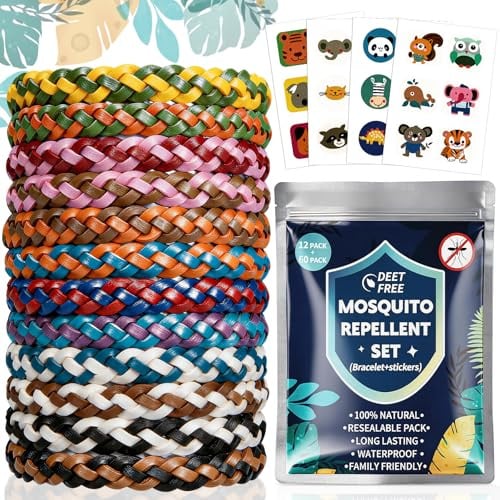 Mückenschutz Armband Set - 12 Mückenarmband + 60 Mückenpflaster | Anti Mücken Sticker für Erwachsene Reise Strand Camping Zubehör Travel Gadgets, Urlaub Klassenfahrt Summer Must Haves