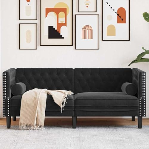 Keeushr Chesterfield Samt Sofa Sofa in Schwarz mit Knopfheftungen und gerollten Armen 174 x 74,5 x 70,5 cm für das Wohnzinner