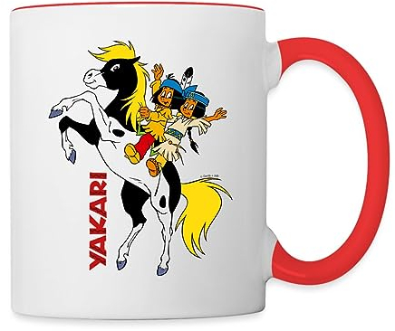 Spreadshirt Yakari Und Regenbogen Auf Pferd Kleiner Donner Tasse Zweifarbig, One size, Weiß/Rot