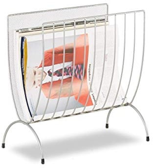 Relaxdays Zeitungsständer Metall, Zeitungshalter stehend, Zeitschriftensammler silber, HxBxT: 35 x 34 x 18 cm, silver