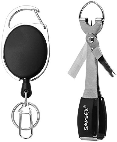 SAMSFX Fishing Quick Knot Tying Tool 3.7 Large Size 4 in 1 Mono Line Clipper with Zinger Retractor Combo (Oval Zinger & Silver Knot Tool)