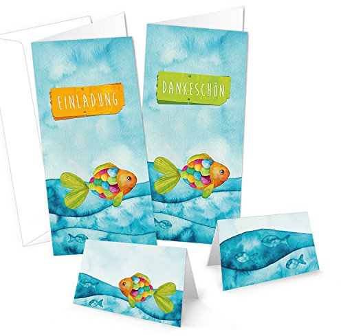 Logbuch-Verlag Karten SET - 10 Einladungskarten + 10 Dankeskarten + 25 Tischkarten - Regenbogenfisch bunt türkis maritim - Tischdeko Taufe Kommunion Kindergeburtstag