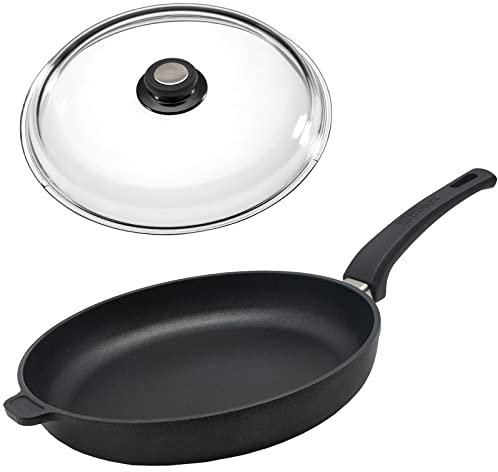 Eurolux Guss-Pfanne Ø 32 cm Induktion Set mit Deckel aus Glas - flacher 5 cm Rand - runde große XL Alugusspfanne mit Antihaft-Beschichtung - Made in Germany