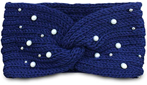 PiriModa Damen Strick Perlen Stirnband Ohrwärmer Winter Kopfband Haarband gehäkelt Dunkelblau