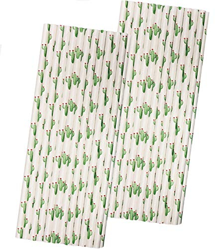 Cactus Themed Paper Straws - Green White Succulents - 50 Pack
