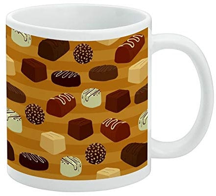 Gourmet Chocolate Candy Sweets Pattern Ceramic Coffee Mug, Novelty Gift Mugs for Coffee, Tea and Hot Drinks, 11oz, White