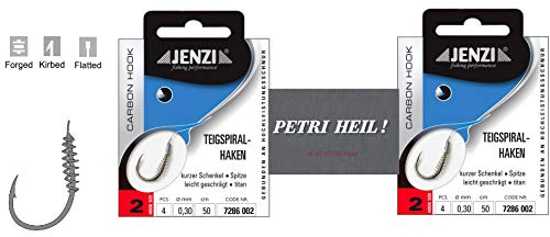 Set: 2 Packungen JENZI Teigspiralhaken Forellen-Haken, Teighaken gebunden (8 Stück) Hakengröße 2, 4, 6, 8 &10 + gratis Petri Heill! Aufkleber (Hakengröße 2)