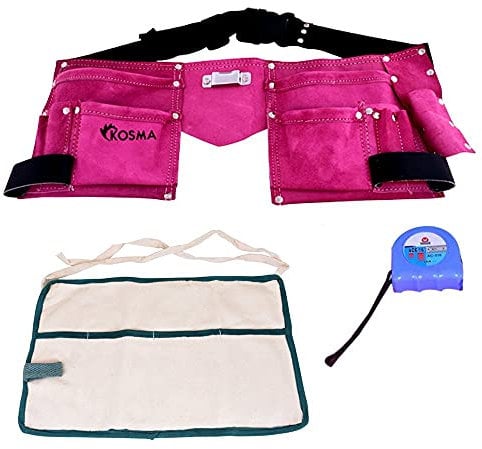 Kosma Pink Leather Tool Belt Apron Pouch - 11 Multi-Pockets, Hammer Loop, 8x8 Electrician Organiser with Cotton Apron & 3 Metre Measuring Tape