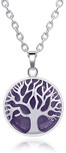 Thajaling, collar con colgante de piedras preciosas de amatista, colgante de piedra de energía de cristal, joyería de plata con árbol de la vida para mujer