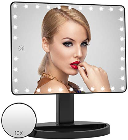 FASCINATE Groß Kosmetikspiegel mit 45 Dimmbar LED- Leuchten, USB Wiederaufladbar Schminkspiegel mit 10-Fache Vergrößerungsspiegel, 360° Drehbar Schminkspiegel mit Beleuchtung mit Touch-Screen