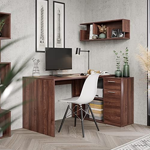RICOO Eckschreibtisch mit Stauraum WM083-OW L-Förmiger Winkelschreibtisch mit Schubladen Bürotisch L Form Holz 136x101x75 cm modern & platzsparend